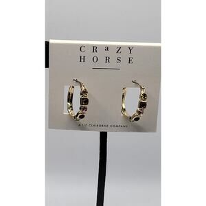 Crazy Horse Liz Claiborne Rhinestone Hoop Earrings Gold Tone NOS On Card Vintage